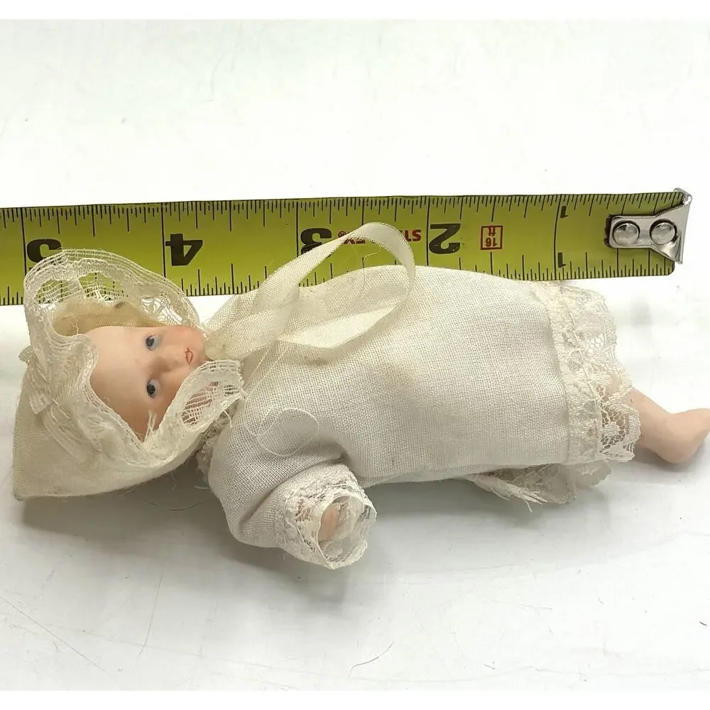 Antique Style Bisque Baby Doll 5” Painted Face Lace Christening Gown